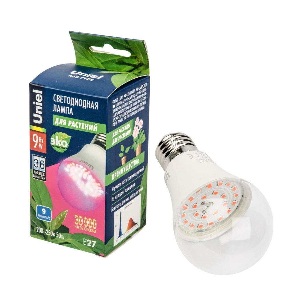 Лампа светодиодная  для растений А60 Е27 9W Uniel